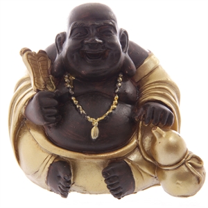 Buddha Happy 196C guld og træfarvet polyresin h8cm - Se flere Buddha figurer og Spejle